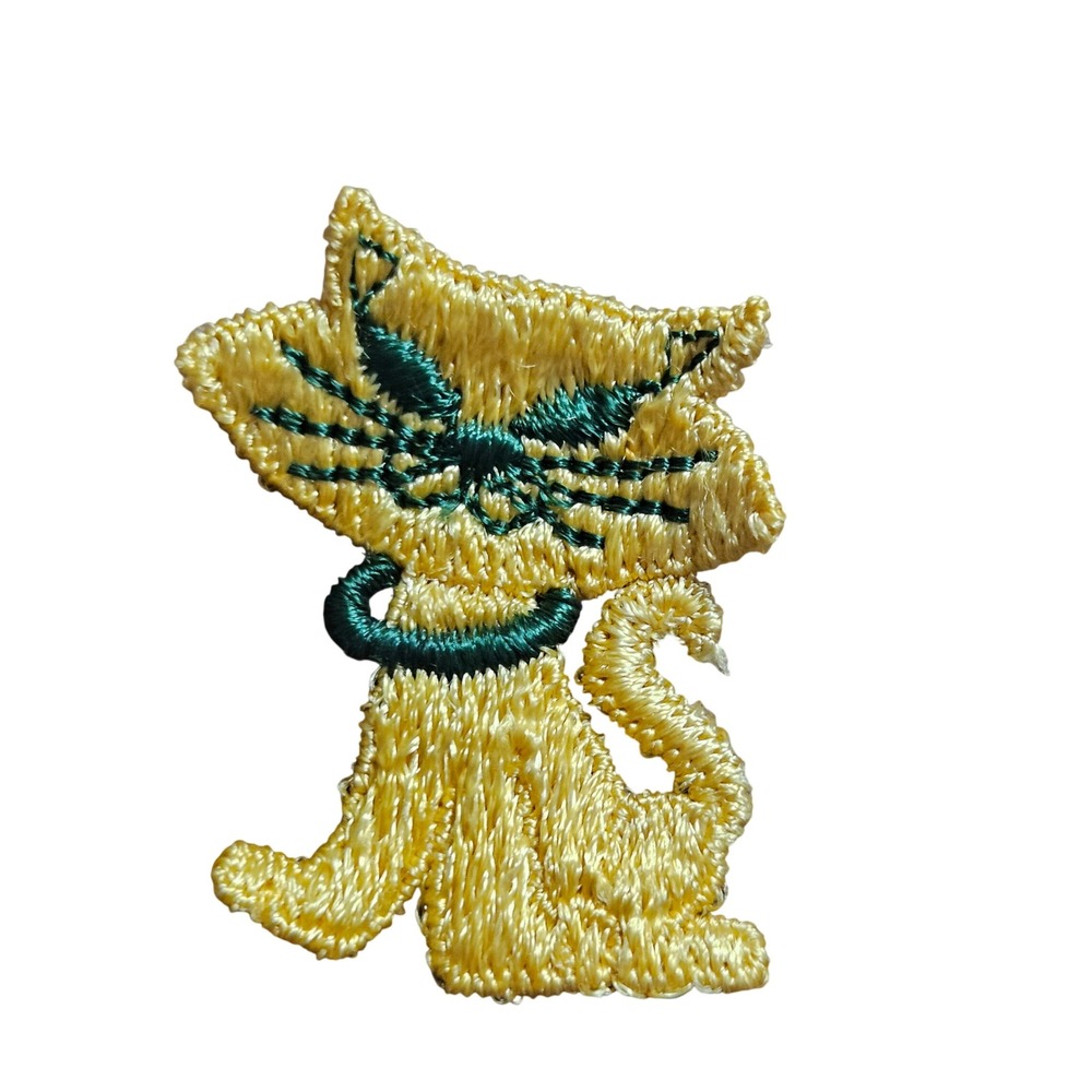 Vintage Yellow Cat Embroidered Patch Green Eyes Collar Sew On Applique MCM Style